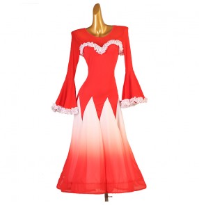 Children girls kids red with white gradient colored ballroom dancing dresses for girls performing waltz tango foxtrot smooth dance long gown for girls